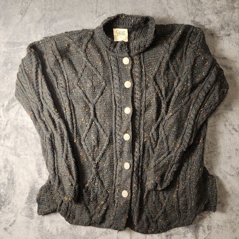 Carraig Donn Aran Wool Cardigan Sweater Ireland Charcoal Grey Donegal Knit L